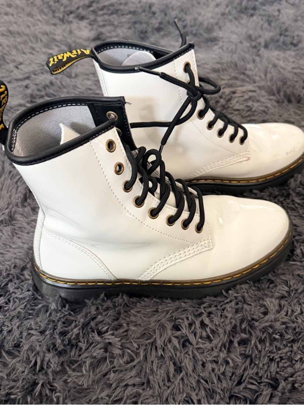 Dr. Martens White Patent Lace-Up Combat Boots with Black Trim Sz 7